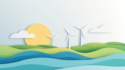 Fototapeta premium A serene landscape featuring a coastal wind farm under a clear sky, surrounded by green fields and gentle waves, symbolizing offshore renewable energy and environmental conservation