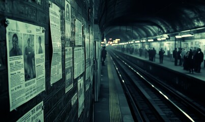 Obraz premium Subway tunnel, posters, waiting passengers.