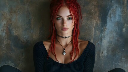 Fototapeta premium Young woman with bright eyes and red dreadlocks