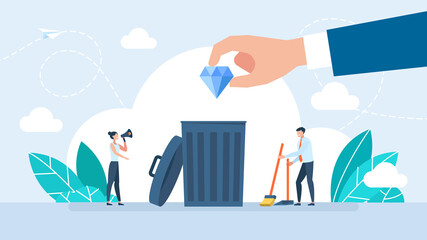 Fototapeta premium Man accidentally throw a jewel into the trash. Depreciation of moral values. Find a diamond in the trash heap.Trash can with a diamond. Flat illustration.