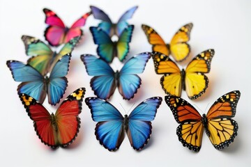 A cluster of vibrant butterflies gathered on a plain white background, perfect for use in designs showcasing nature's beauty or whimsical themes