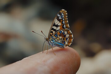 Obraz premium Colorful butterfly resting on human fingertip in natural setting during daylight