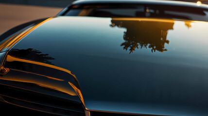 Obraz premium Abstract Reflections on a Luxury Car’s Chrome Hood at Sunset