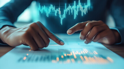 A person analyzing financial data on a digital interface with a graph overlay, showcasing investment trends and market analysis.
