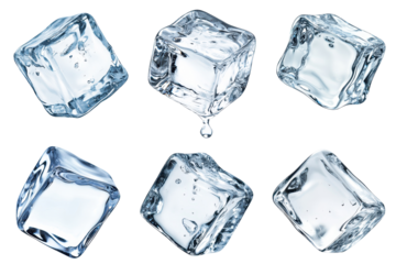Six ice cubes with crystal clarity and varying shapes, perfect for refreshing drinks. transparent background.