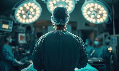 Obraz premium Surgeon in hospital operating room with medical equipment in background, rear view.