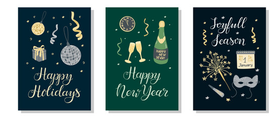 Festive New Year banner set with hand drawn designs with themes of celebration, including champagne glasses, confetti, fireworks, disco balls, and holiday calligraphy greetings.