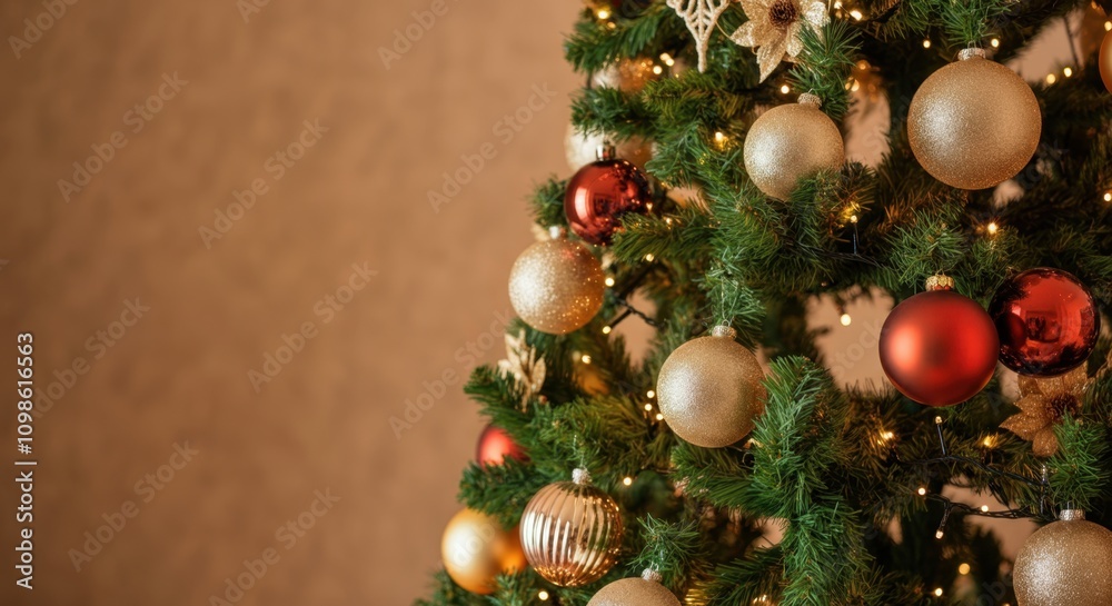 Wall mural decorated christmas tree with shiny red and gold baubles and string lights adding a festive touch to
