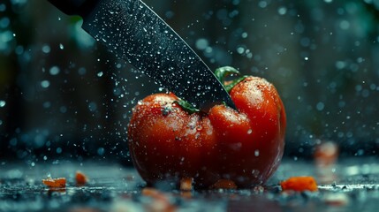 Knife Piercing a Tomato with Water Splash