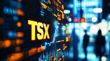 Gelbe Leuchtreklame TSX - Toronto Stock Exchange in den Kanada, Darstellung TSX Aktienmarkt auf großem Monitor, größte Börse in Kanada