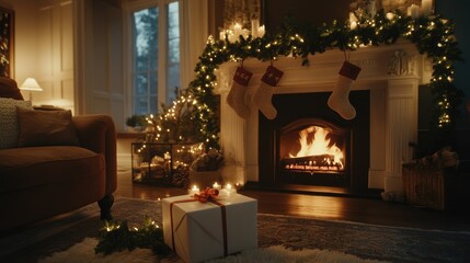 Fototapeta premium decorated Christmas mantlepiece with glowing stockings, a garland of evergreen branches and fairy lights, and a roaring fire, 