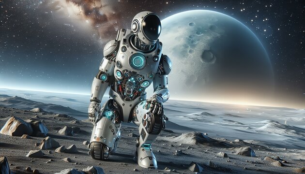Advanced AI-driven robot on a distant planet, representing humanity's quest for discovery and innovation in extraterrestrial environments.