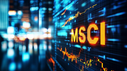 Gelbe Leuchtreklame MSCI - globaler Aktienindex von rund 1.500 Aktien aus verschiedenen Industriel&auml;ndern, MSCI World Aktienindizes