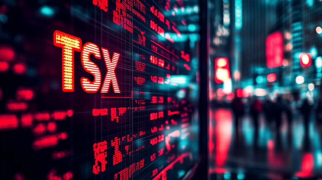 Rote Leuchtreklame TSX - Toronto Stock Exchange in den Kanada, Darstellung TSX Aktienmarkt auf gro&szlig;em Monitor, gr&ouml;&szlig;te B&ouml;rse in Kanada