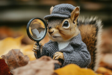 Obraz premium A curious squirrel in a miniature detective coat and hat, holding a magnifying glass on a white background