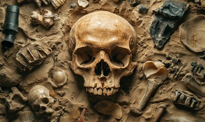 Human skull and scattered bones in sand.