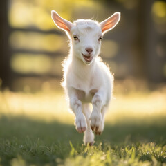 Obraz premium A grinning baby goat jumping around in excitement with its ears flopping