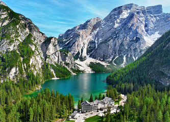 Dolomites or Dolomite mountains and lake in summer.  Italy