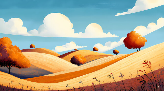 A serene landscape with rolling hills, stylized trees, and clouds under a blue sky, depicting a peaceful natural setting. Minimalism. Illustration