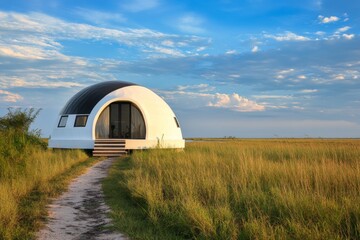 A sizable biodome with a dome structure, set in a grassy landscape, near a water feature.