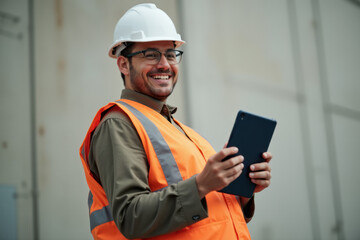 Smiling worker in construction holding tablet
