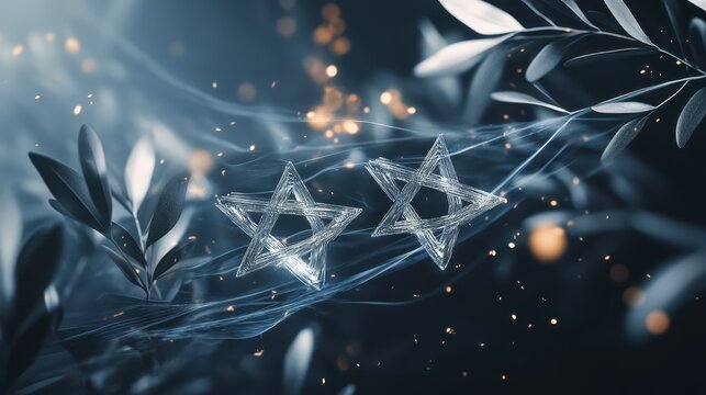 Silver Stars of David and Olive Leaves in Motion: Abstract Wind Effect with Metallic Light Trails, Premium Particle Simulation, Cinematic Quality and Refined Copy Space.