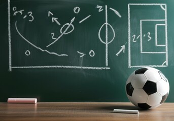 Soccer ball and game strategy drawn on chalkboard with two pieces of chalk