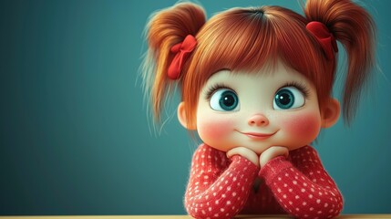 Portrait of a cute cartoon redheaded child girl on a blue background. 3D
