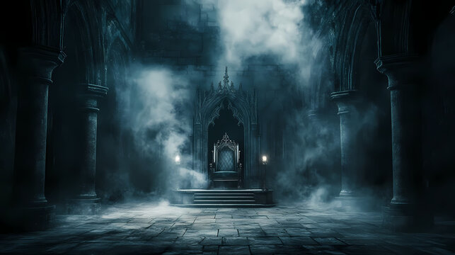 Majestic gothic dark fantasy castle hall with throne and torches, perfect for fantasy settings. Gothic. Illustration