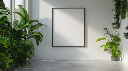 Modern interior design using a layout in an empty frame on a clean white wall, perfect for showcasing artwork or photos