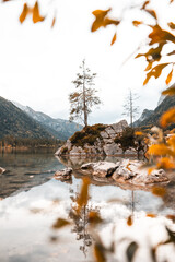 bekannte Insel im Hintersee, Felsen mit Bäume in den Alpen