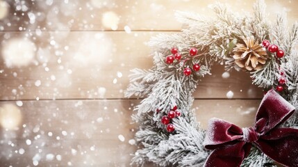 Obraz premium Christmas wreath made of frosted evergreen branches, red berries