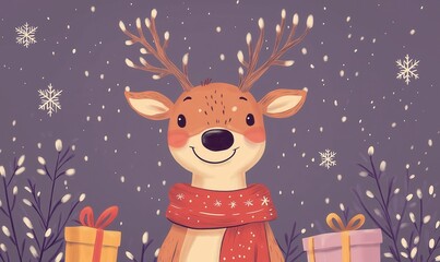 Naklejka premium Christmas card with cartoon reindeer on lilac background.