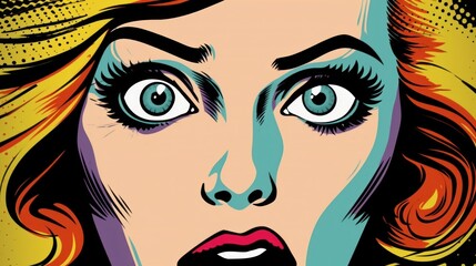Astonished Woman Pop Art Close-up: Vibrant Colors and Expressive Eyes