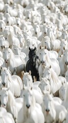 Obraz premium Herd of white horses with a black horse for contrast 