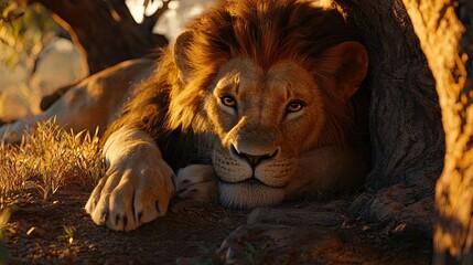 A lion resting in the shade of a tree with a peaceful expression