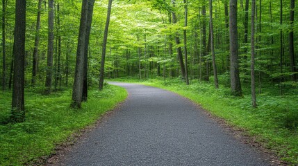 Obraz premium Serene Forest Pathway Winding Through Lush Greenery on a Quiet Summer Day
