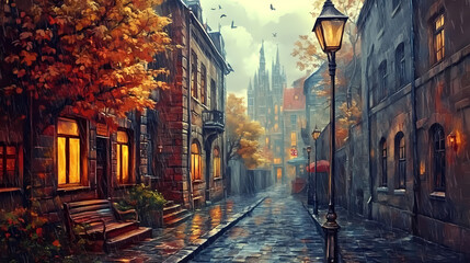 Fototapeta premium A dark back alley of a european city. victorian era, gothic architecture, rainy autumn day cityscape background. victorian street scene. illustration. Gothic. Illustration