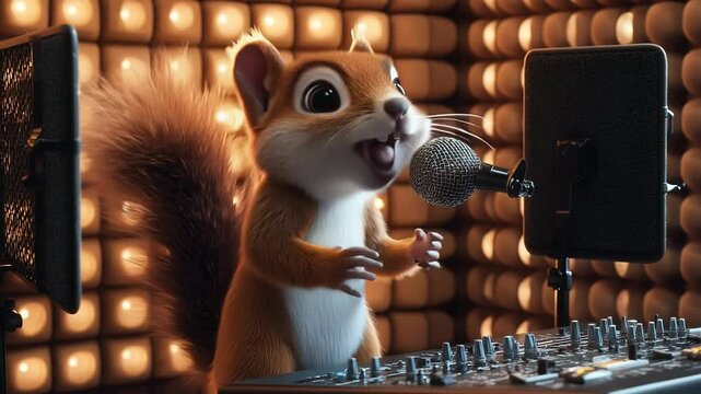 Cute Animated Squirrel Singing in Studio with Microphone