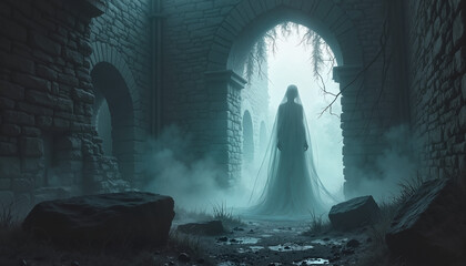 Ethereal figure in flowing gown standing in foggy stone archway ruins, ghost bride