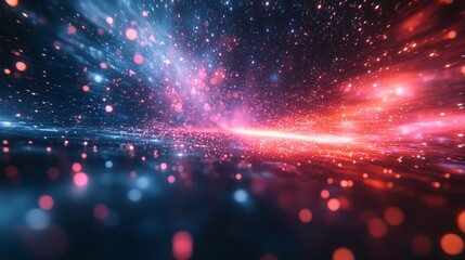 Obraz premium Abstract cosmic background with red and blue glowing particles and light streaks.