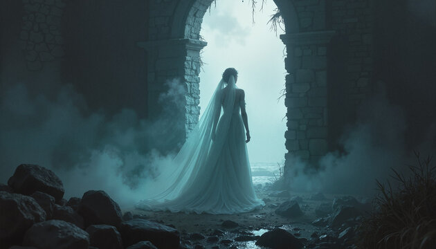 Bride in flowing white gown standing at ancient stone archway shrouded in mist, ghost bride
