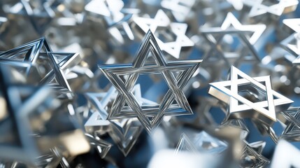 Luxury Geometric Pattern of Interconnected Stars of David in White Gold and Platinum: Ray-Traced Reflections and Scattered Olive Leaves in Ultra HD Clarity.
