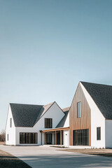 A minimalist modern farmhouse with white walls and wood accents, set against the backdrop of an open blue sky. The house has two gable roofs that seamlessly blend into its surroundings.
