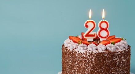 Birthday or anniversary cake with number 28 candle on blue background, perfect for twenty-eighth birthday or anniversary celebrations and special events with copy space 