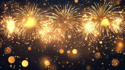 Fototapeta premium Abstract gold glitter texture with radiant fireworks exploding across the top and soft bokeh, background with golden glowing sparkles for New Year or Christmas Eve postcard with copy space for text