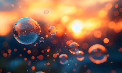 An artistic composition of soap bubbles and a sunset sky with a harmonious bokeh effect