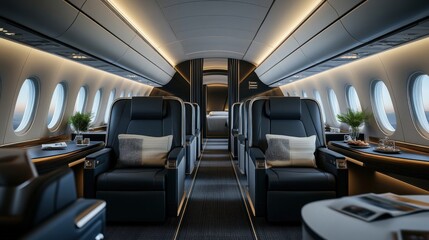 Fototapeta premium Luxurious Airplane Interior with Spacious Seating and Elegant Design for Premium Travel Experience