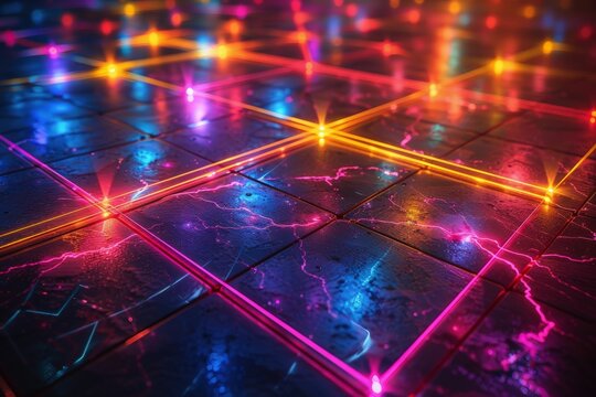 Vibrant Neon Grid Illuminated with Abstract Electric Patterns on Dark Surface, Glowing Lines in Multiple Colors Create Futuristic Digital Atmosphereneon lights