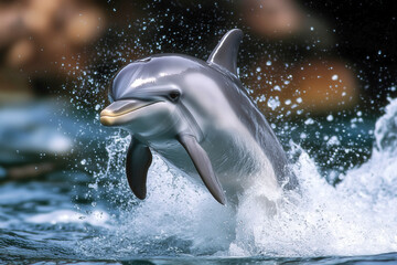 Naklejka premium A laughing dolphin leaping out of the ocean, surrounded by splashing waves
